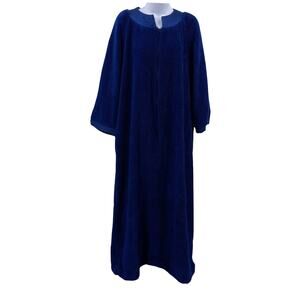 Serenity Sz M Vintage Housecoat Blue Robe Soft Fleece 3/4 Length Sleeve Half Zip